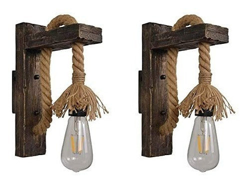 Aplique Lampara Muro Cañamo Madera Vintage Soga E27 Deco Color Marrón