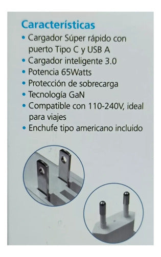 Cargador Usb A Y C Super Rapido 65w Enchufe 110v Y 220v