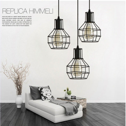 Lampara De Fierro Jaula Vintage Colgante E27 Decoración Color Negro