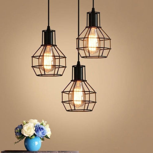 Lampara De Fierro Jaula Vintage Colgante E27 Decoración Color Negro