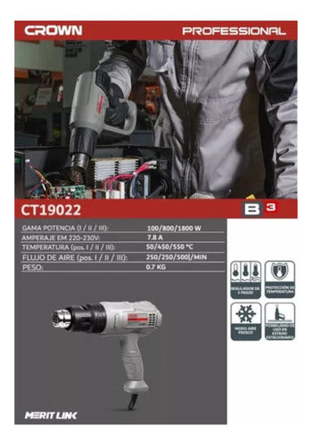 Pistola De Calor Crown 1800w Regulable Pro Con Accesorios