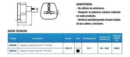 Adaptador Enchufe Universal Europeo Americano 110/220V - Deus Group 