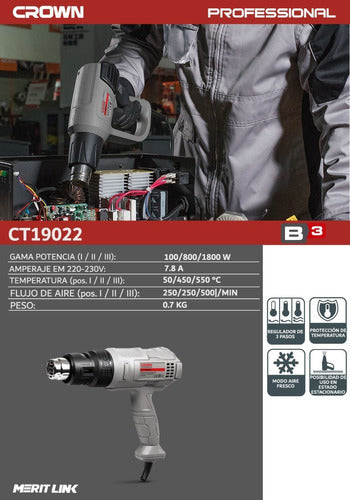 Pistola De Calor Crown 1800w Regulable Pro Con Accesorios - Deus Group 