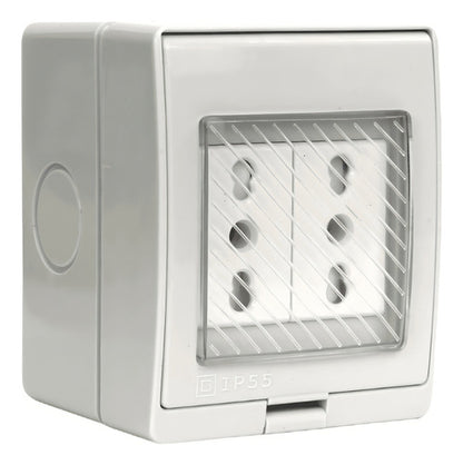 Tomacorriente Doble 10/16a Hydrobox Exterior Ip55 250v Sec Color Blanco - Deus Group