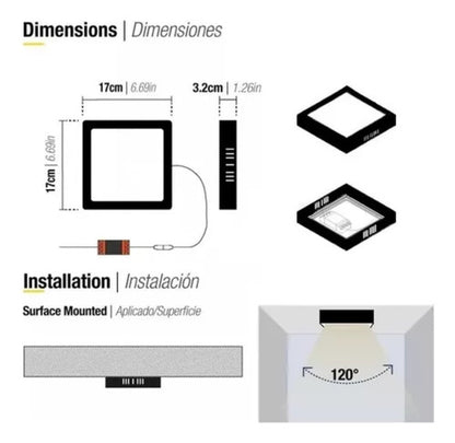 Panel Plafón Led 12w Sobrepuesto Cuadrado Borde Negro - Deus Group 