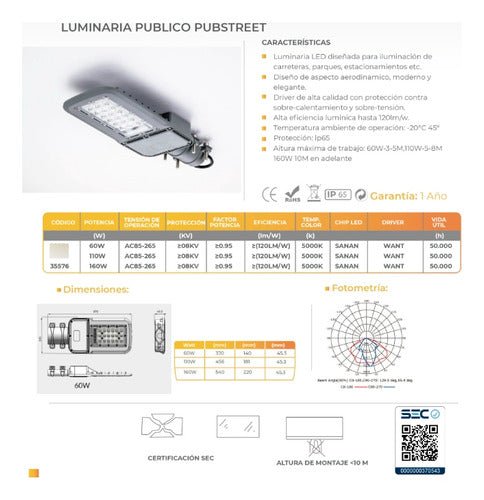 Luminaria Publica Alumbrado Slim Led 60w Luz Fria Sec Ip65